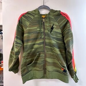 Aviator Nation Bolt Zip Hoodie Sweatshirt in Camo Neon Stripe XS